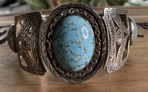 Vintage Taxco Mexico 925 Sterling Silver Turquoise Cuff Bracelet 38g